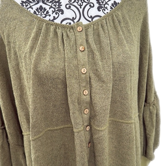 Free People Olive Green Quarter Button-Up Peasant Sleeve Women's Top - Picture 10 of 16